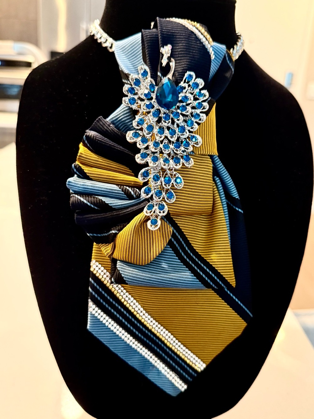 Statement Blue and Gold TIE NECKLACE w Rhinestone Peacock Brooch - Women Jewelry